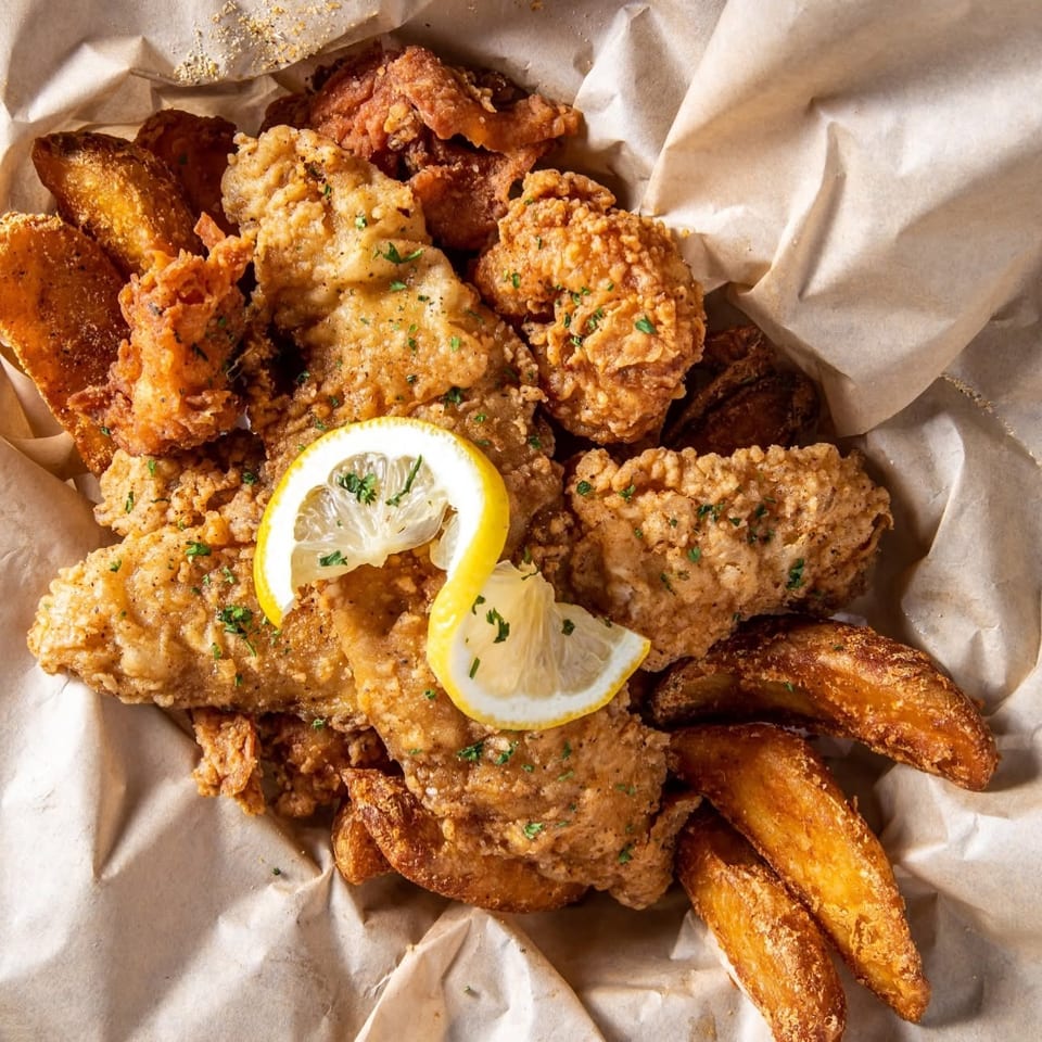 Crispy fried seafood and golden potato wedges garnished with parsley and lemon slices on parchment paper.
